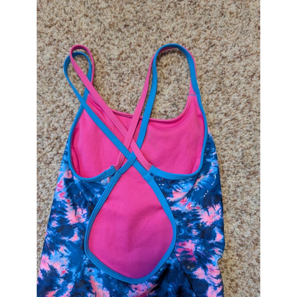 UNDER ARMOUR girls ONE PIECE swim suit, size 7; criss-cross back; Blue & Pink - Picture 4 of 7